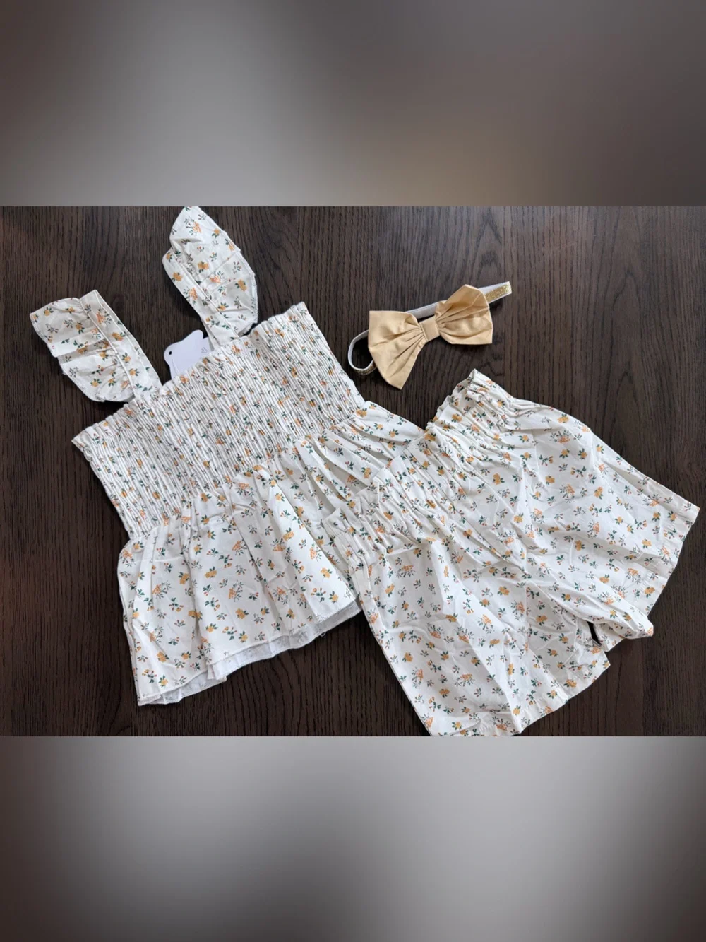NWT Girls Floral Smocked 3-Piece Set with Gold Bow Headband